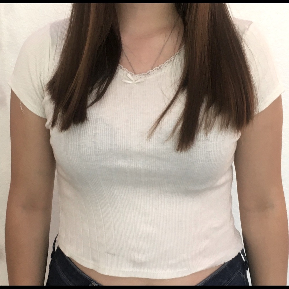 Lace trimmed white v neck